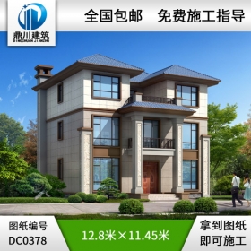 新中式三層帶露臺農村別墅圖紙及效果圖_農村別墅設計,鼎川別墅圖紙