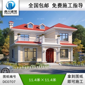 歐式二層帶露臺實用小別墅效果圖及全套施工圖紙_新農村兩層自建房屋設計,鼎川別墅圖紙超市