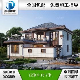 新中式二層帶院子別墅圖紙及效果圖_農村自建別墅設計,鼎川建筑