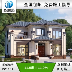 新中式二層別墅施工圖紙及效果圖_農村自建別墅設計,鼎川建筑